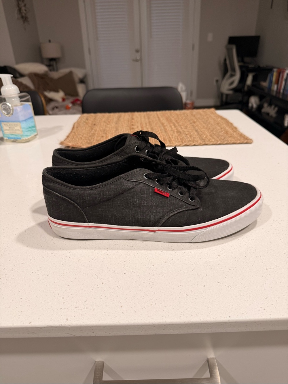 Vans Black Low-Top Canvas Sneakers with White Sole and Red Trim